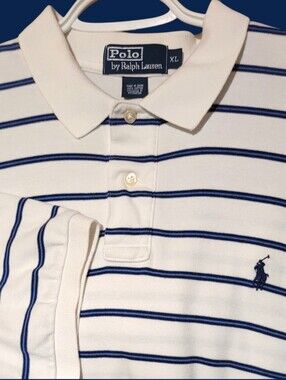 Ralph Lauren Short Sleeve Polo White with Blue Stripes, Blue Pony XL 100% Cotton